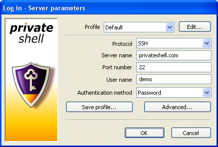 Log in - Server parameters window