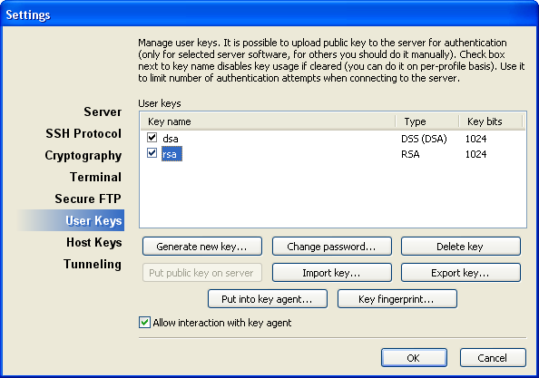 User keys settings with keys